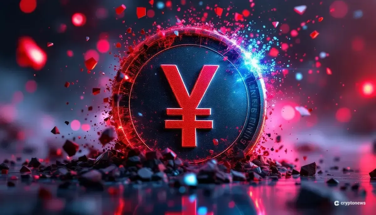 中国の規制を象徴する人民元コインがステーブルコインを破壊する様子の抽象的なイメージ