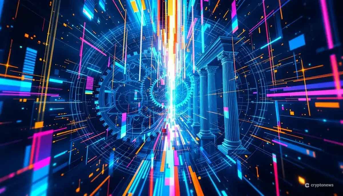 JPモルガンの報告書を象徴する、伝統金融とDeFi（分散型金融）が融合する抽象的なデジタルアート