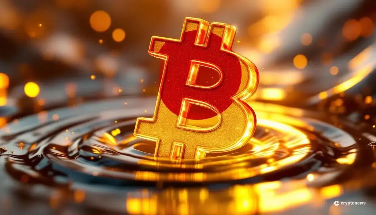 ビットコインのロゴと日本の国旗が融合した未来的なイメージ