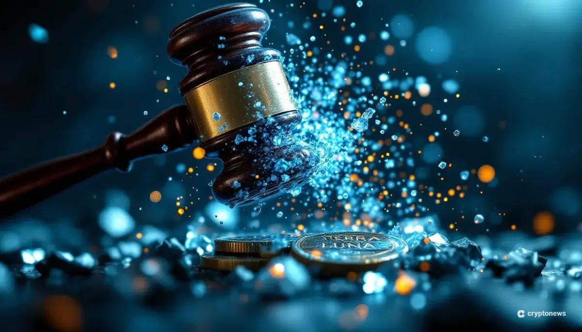 ド・クォン氏の裁判を象徴する、崩壊する仮想通貨と裁判官の木槌