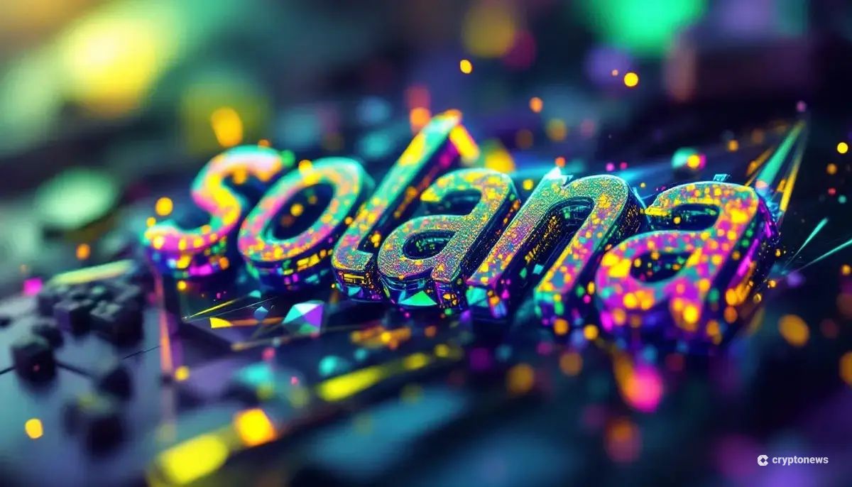 結晶化し未来的な光を放つソラナのロゴ。今後の技術的進化を象徴している。