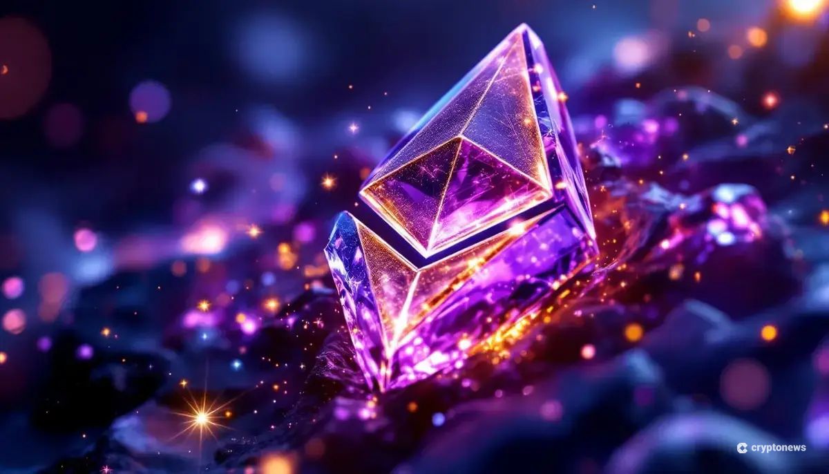 イーサリアムのロゴが結晶化し輝く未来的なイメージ