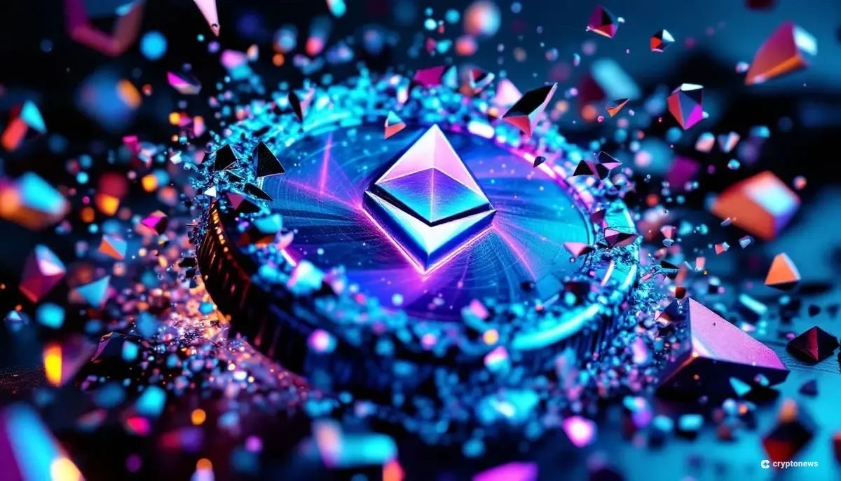 ソラナコインが砕け、イーサリアムのクリスタルに変化する抽象的なイメージ