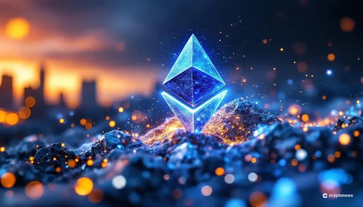 金融街を背景に、結晶化しながら輝きを放つイーサリアムのロゴ