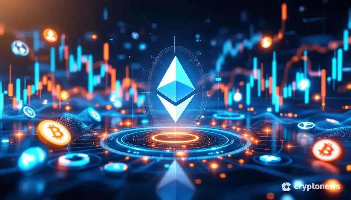 中央にイーサリアムのシンボルが描かれた未来的な暗号資産市場のビジュアル