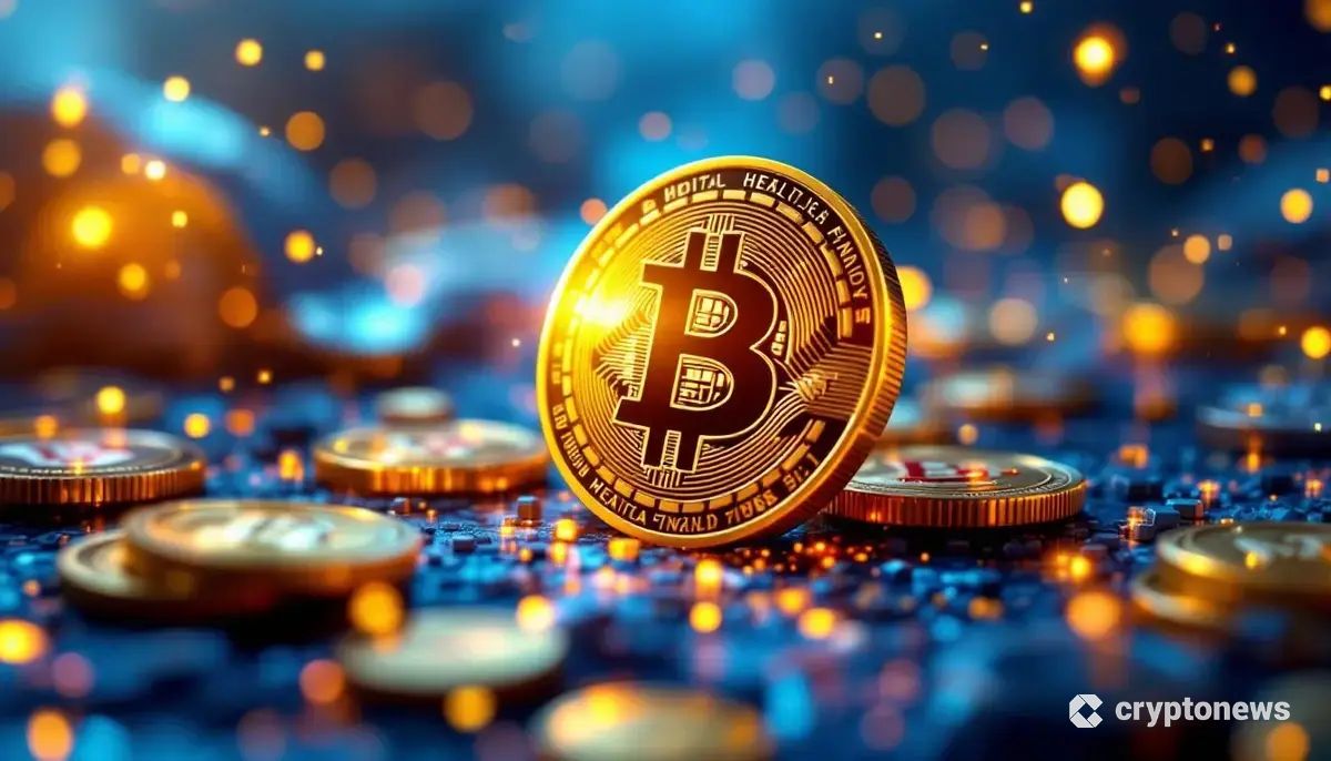 医療とビットコインの融合を象徴する未来的なビジュアル