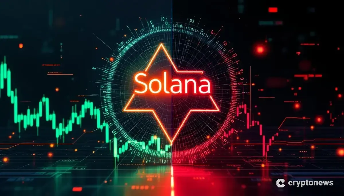 ソラナ(SOL)のロゴと、強気と弱気を示す分岐したチャートが描かれた未来的な画像