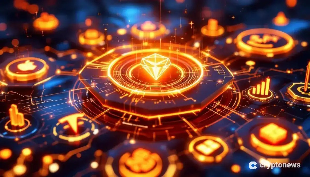 ソラナ基盤で米国株やETFを取引する未来的な仮想通貨プラットフォームのイメージ