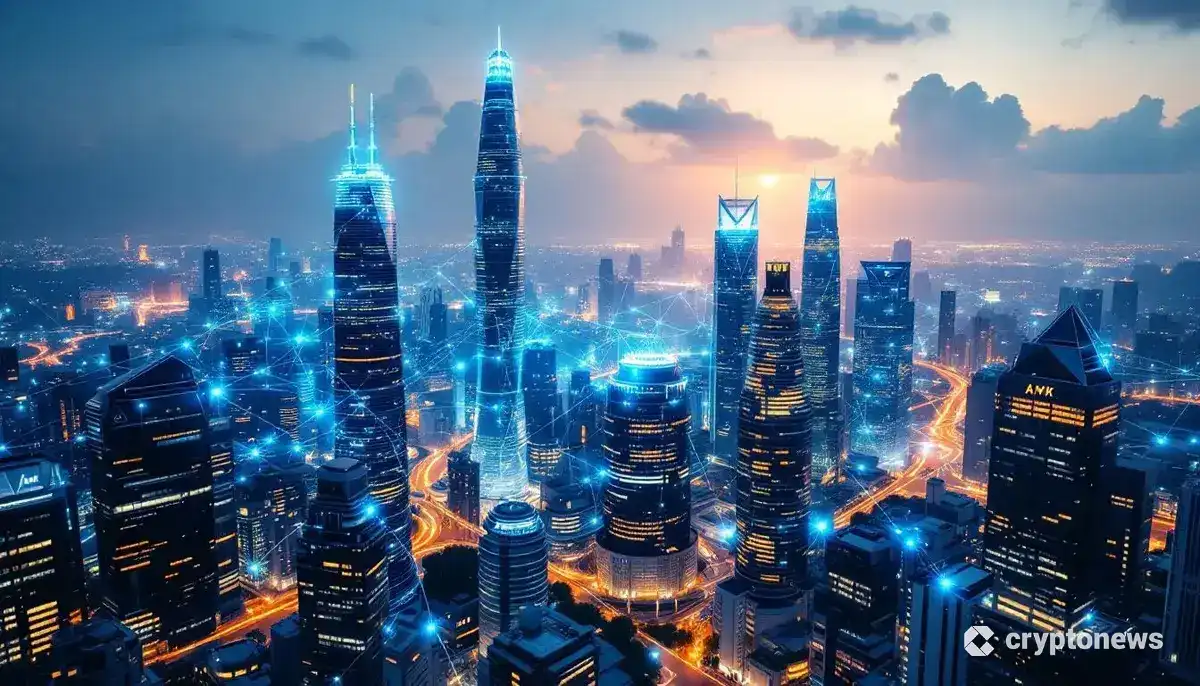 人工知能による経済成長を象徴する未来的な都市とネットワーク