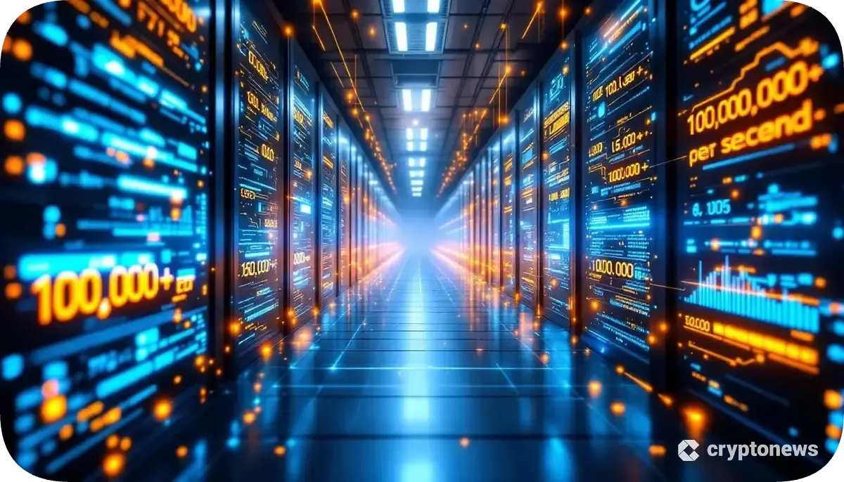 ソラナの高速取引処理を象徴する未来的なブロックチェーンネットワークのビジュアル