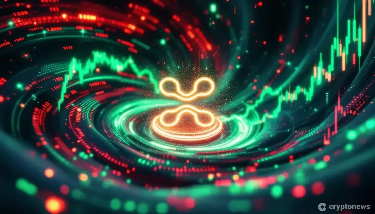 リップルのロゴを中心に強気と弱気のデータが渦巻く、暗号資産オプション取引の抽象的なイメージ。