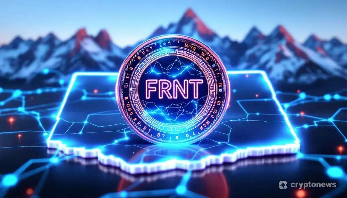 ワイオミング州の地図と山々を背景に輝くステーブルコインFRNTのデジタルイメージ