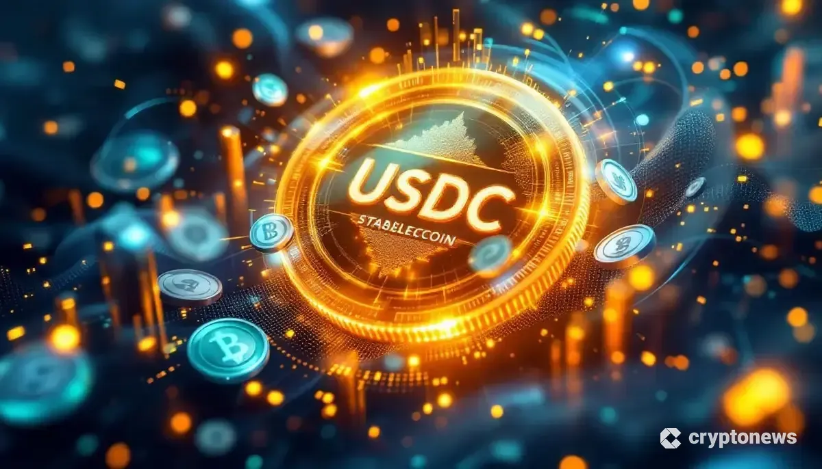 ステーブルコイン市場の成長を象徴する、USDCコインと米国債のデジタルイメージ