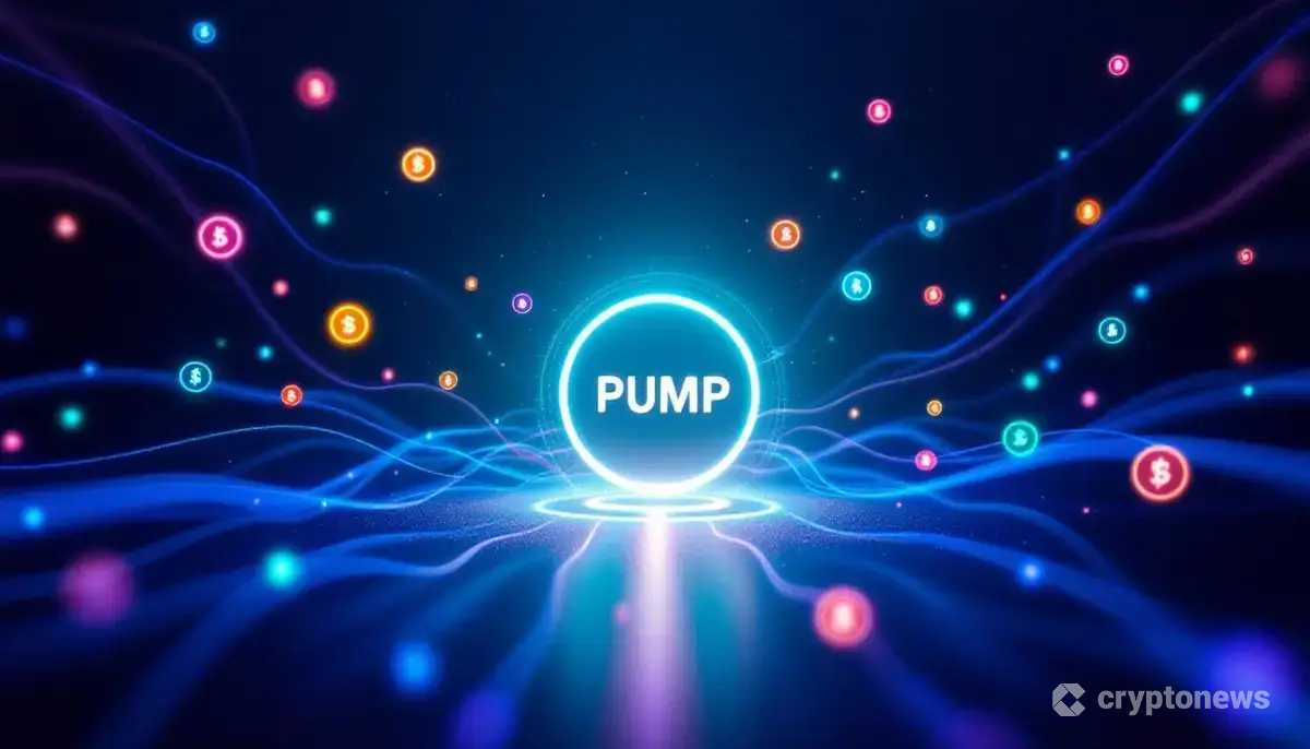 ソラナのブロックチェーンネットワーク上で輝くPump.funのロゴと、そこに集まる多数のミームコインを表す未来的なイメージ