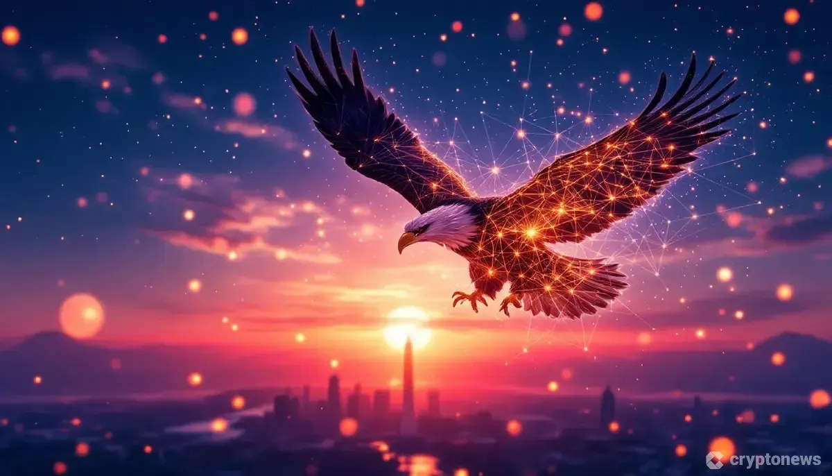 ブロックチェーンネットワークの上を飛ぶワシと、背景にアメリカの象徴的な建物が描かれた、仮想通貨規制の前向きな変化を象徴する画像。