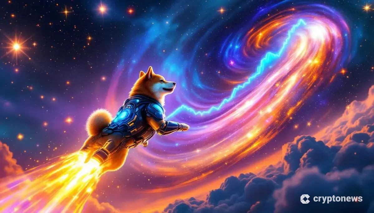 ドージコインの犬が、上昇するチャート型の銀河に向かって飛んでいく未来的なイラスト