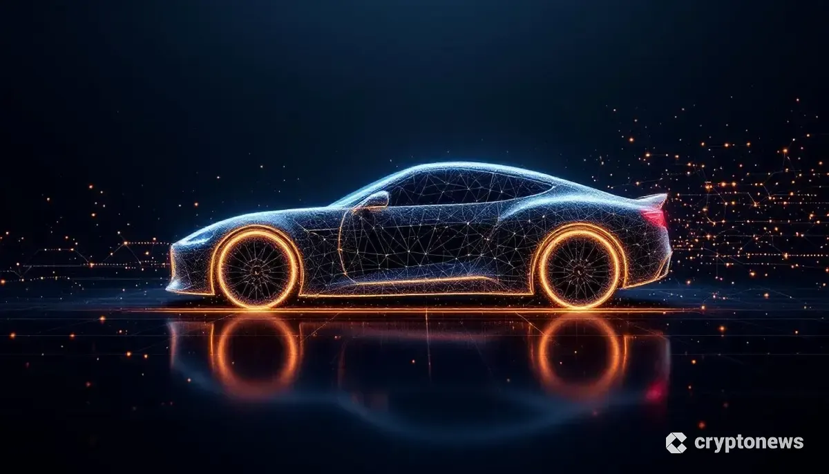 ブロックチェーンネットワーク上でデータ連携する未来のモビリティを表すCG画像