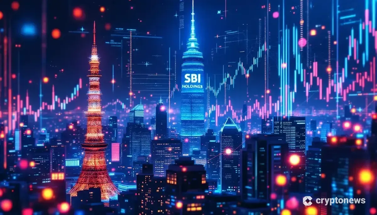 SBIホールディングスとブロックチェーン技術が融合した未来的な金融市場のイメージ。