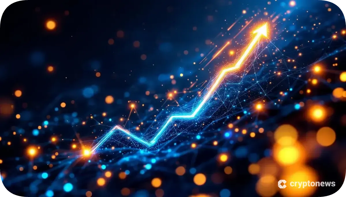 機関投資家の参入を象徴する光のノードに囲まれ、急上昇するイーサリアムのロゴ。