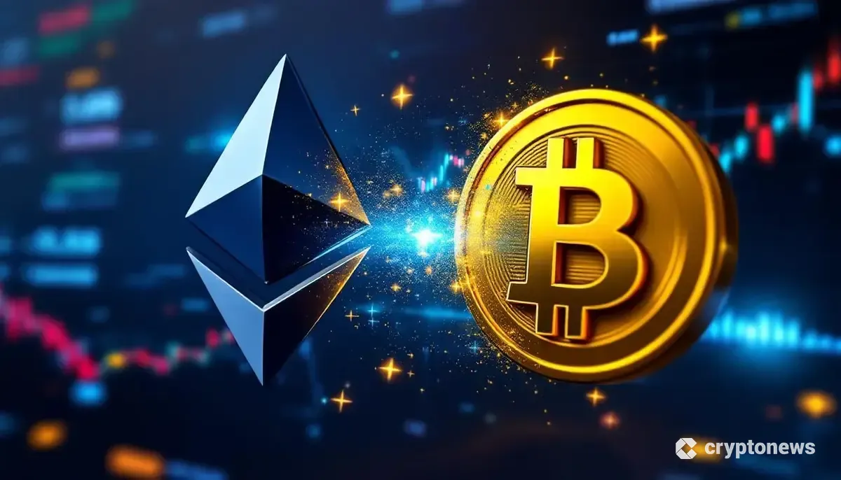 イーサリアムからビットコインへの資産の移動を象徴する未来的なイメージ