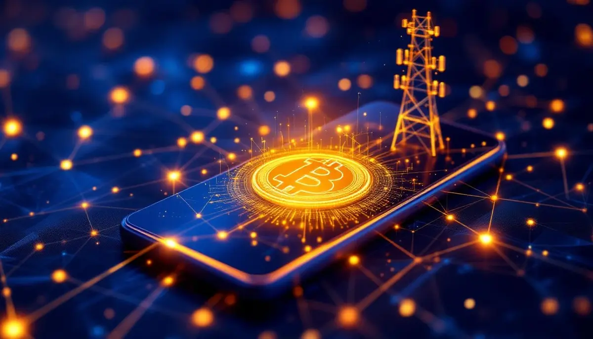 スマートフォン画面にビットコインのロゴが浮かび上がり、通信網と繋がっている様子を表す未来的な画像。