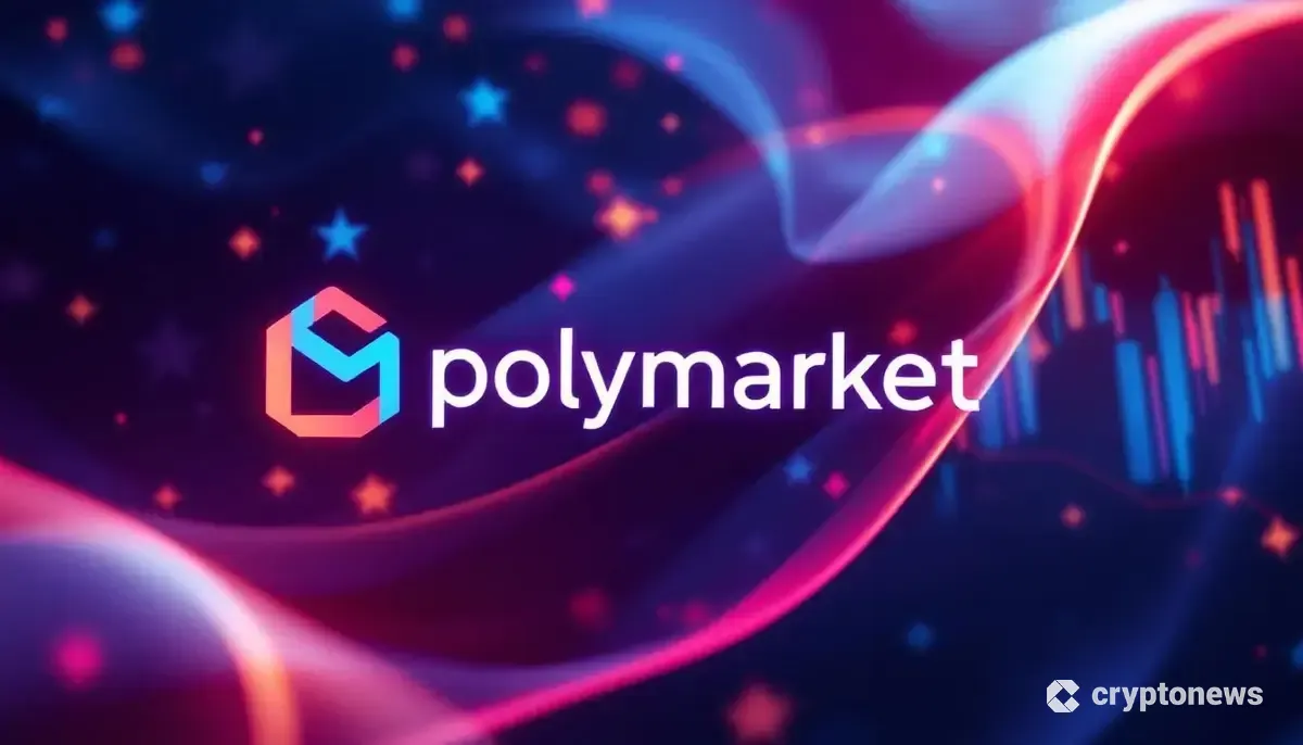 Polymarketのロゴとアメリカ国旗が絡み合う、米国市場への再参入を象徴する未来的な画像