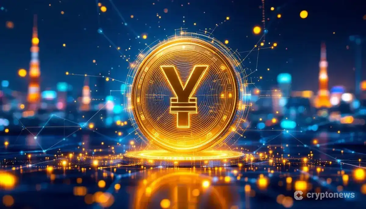 デジタル化された日本円のコインと未来的な東京の街並み