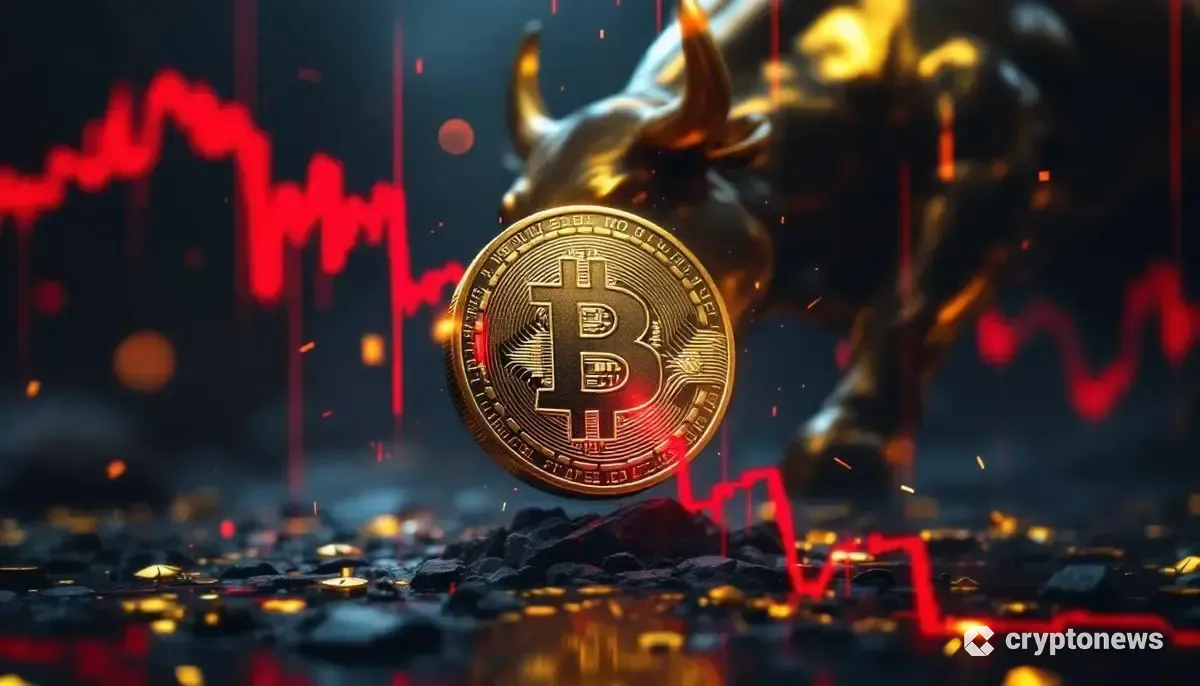 下落するビットコインのシンボルと金の雄牛の像が対比的に描かれた画像