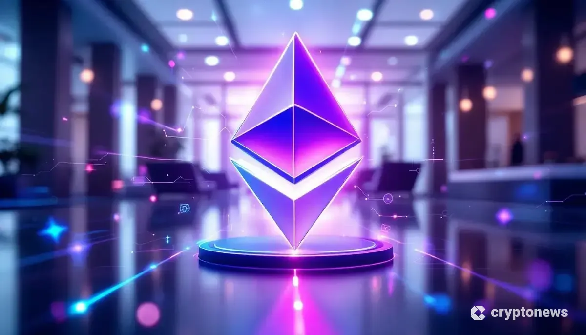 機関投資家の採用を象徴する、未来的な企業環境に浮かぶイーサリアムのロゴ