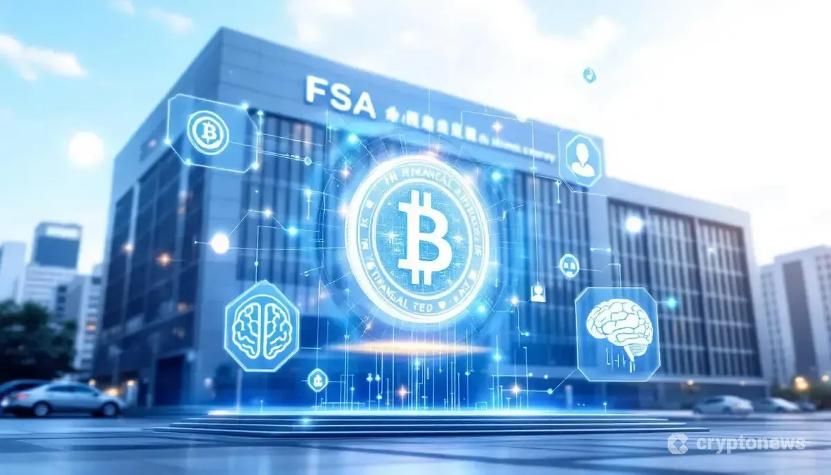 金融庁の建物の前に浮かぶ、仮想通貨とAIを象徴するホログラム