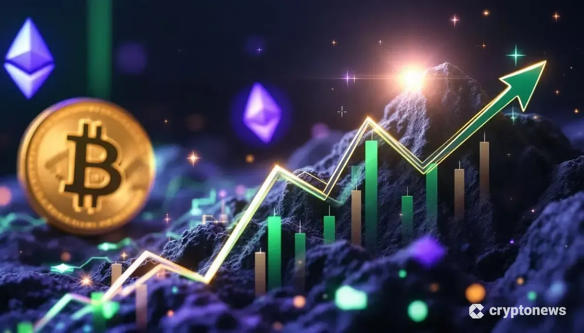 上昇するチャートを背景に輝くソラナのロゴ。ビットコインとイーサリアムのロゴが背景にぼやけて見える未来的なイメージ。