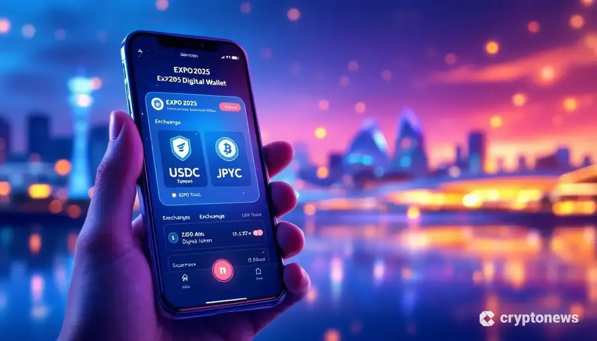 2025年大阪・関西万博の会場を背景に、ステーブルコイン機能が搭載された公式デジタルウォレットのイメージ