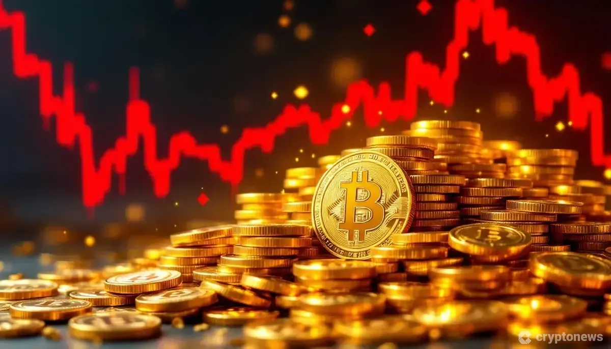 大量のビットコインを背景に、下落する株価チャートが表示された未来的なインターフェース