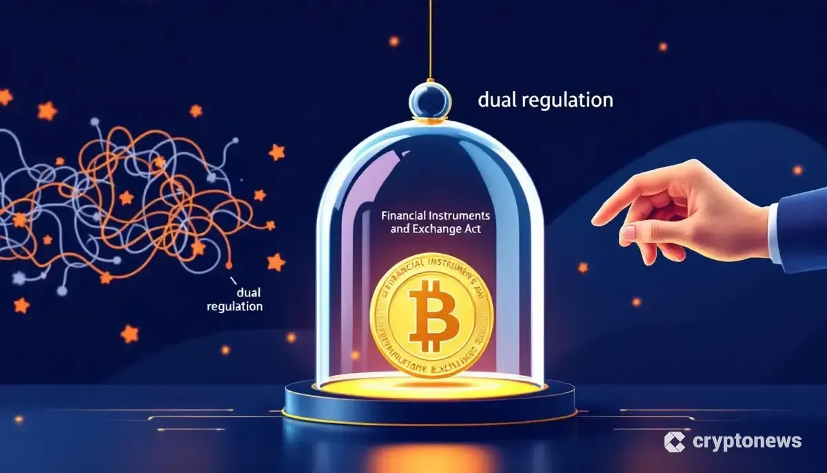 金融商品取引法を象徴するガラスドームの下に置かれる暗号資産のイメージ。日本の金融規制改革を表している。