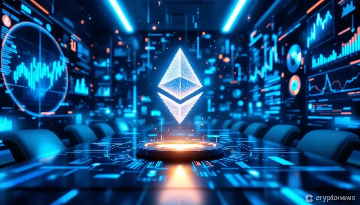 未来的な役員室で輝くイーサリアムのロゴと、それを囲む金融データストリーム