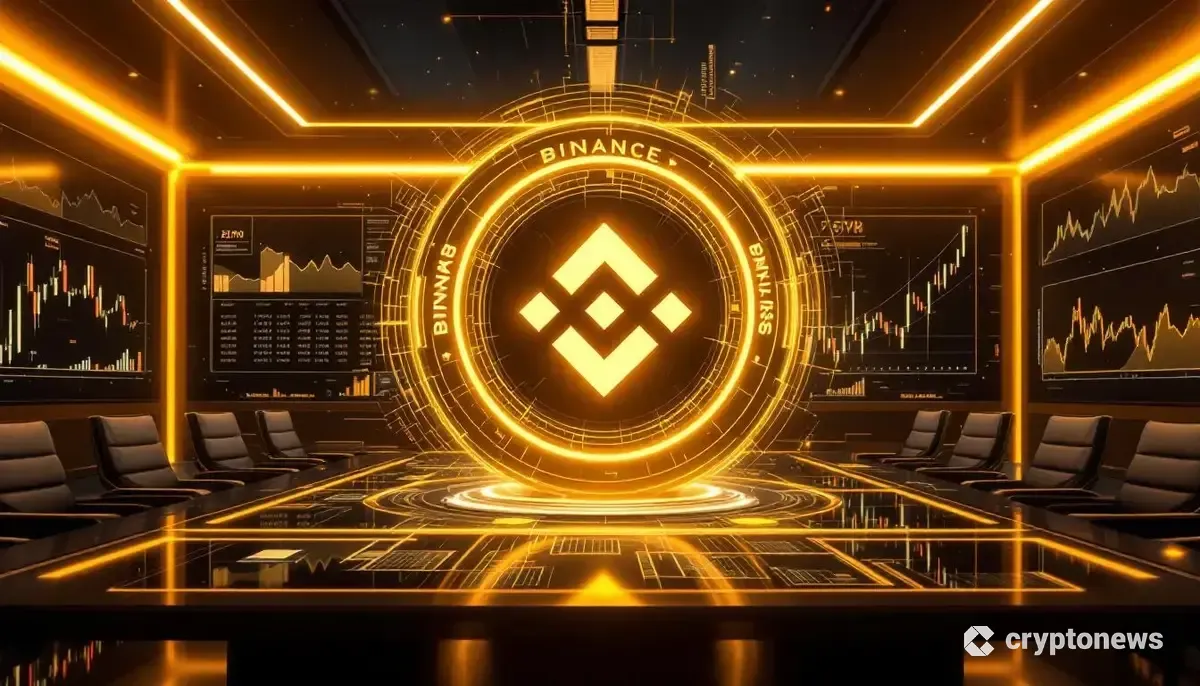 未来的な役員室に浮かぶバイナンスコイン(BNB)のロゴと、周囲を流れる金融データ