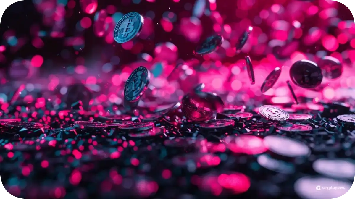 デジタルコインが、警告シンボルが付いた影のような罠に落ちていくイメージ