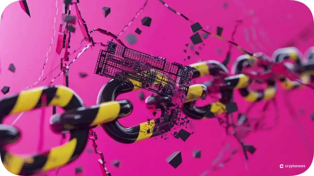 デジタルウォレットの周りに黄色いテープ(警告テープ)が巻かれ、壊れたブロックチェーンのリンクがあるイメージ