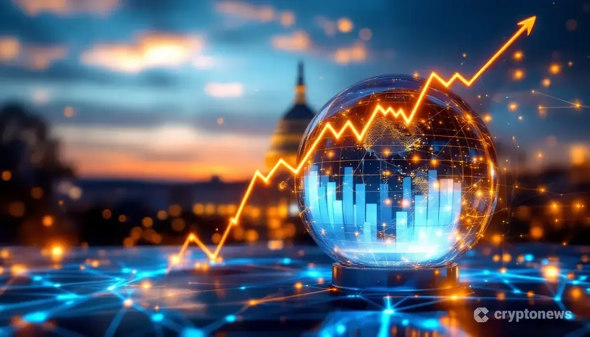 米国議会議事堂を背景に、上昇するグラフを映し出す水晶玉とブロックチェーンのイメージ