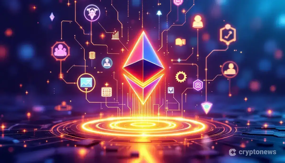 イーサリアムのロゴから研究開発やコミュニティを示すアイコンへ光が流れる未来的なイメージ