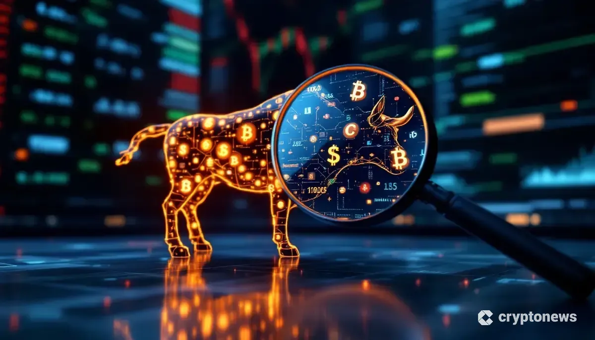 仮想通貨のシンボルでできた雄牛を虫眼鏡で調べる、ナスダックの監視強化を象徴する画像