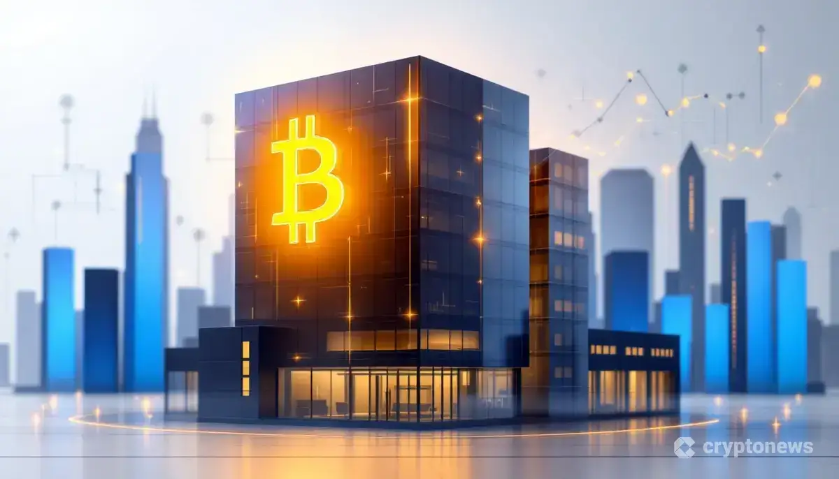 企業ビルに統合されたビットコインのシンボルが輝く未来的な金融イメージ