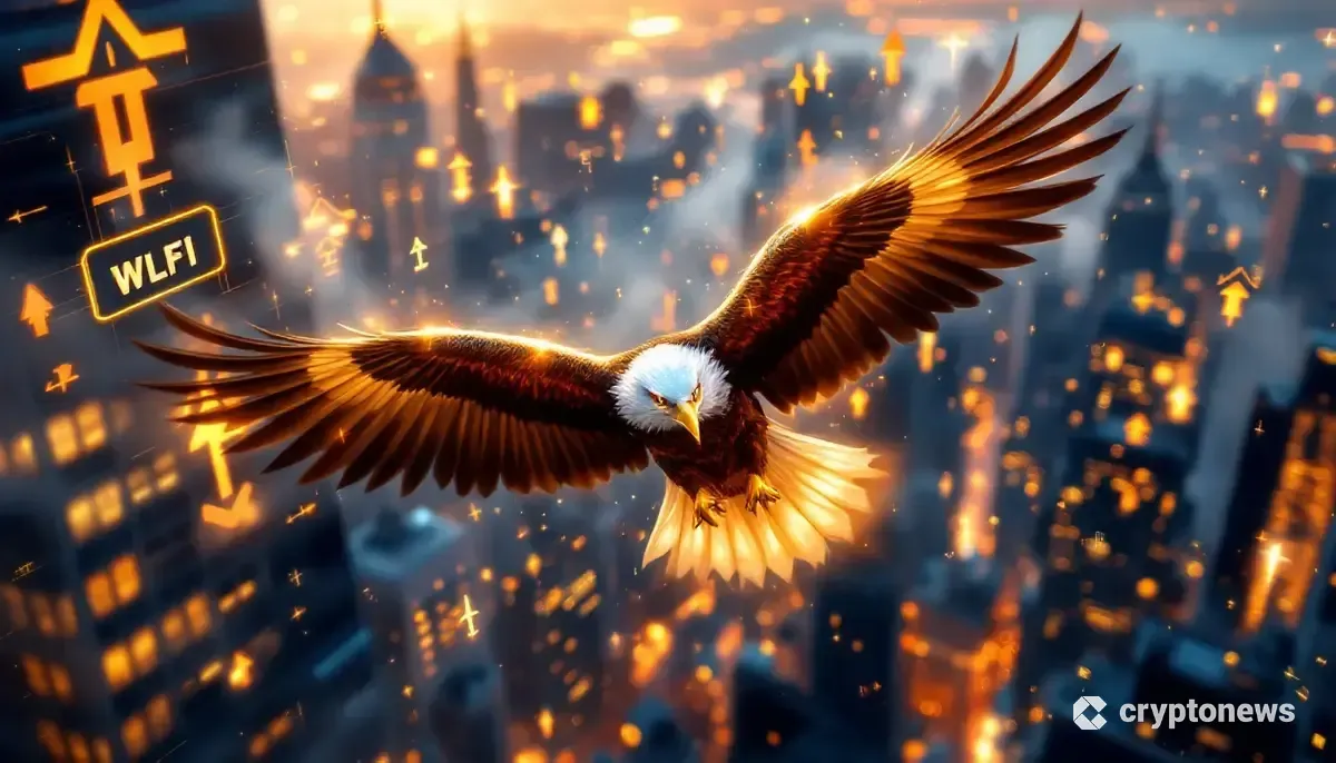 デジタル化されたウォール街の上空を舞う金色の鷲と仮想通貨のシンボル