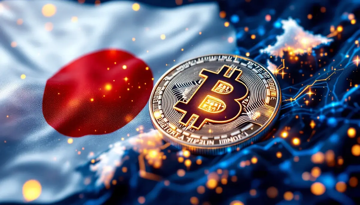 日本の国旗とビットコインのシンボルが融合した未来的なイメージ。