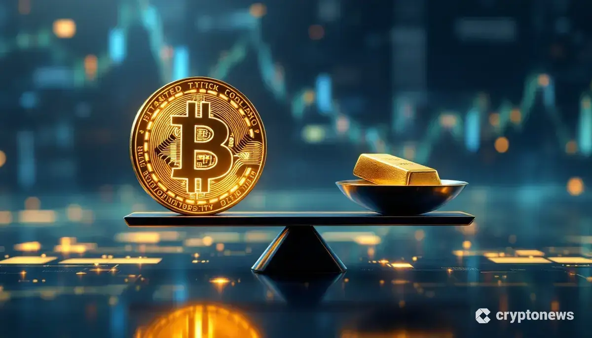 ビットコインと金の延べ棒が天秤で釣り合っている未来的な画像