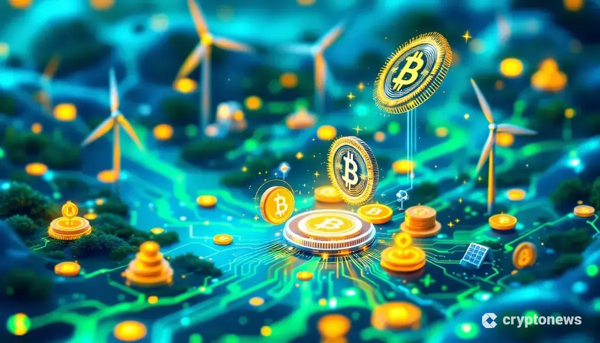 風力タービンやソーラーパネルからブロックチェーンネットワークに流れ込むデジタルトークンを描いた未来的な画像