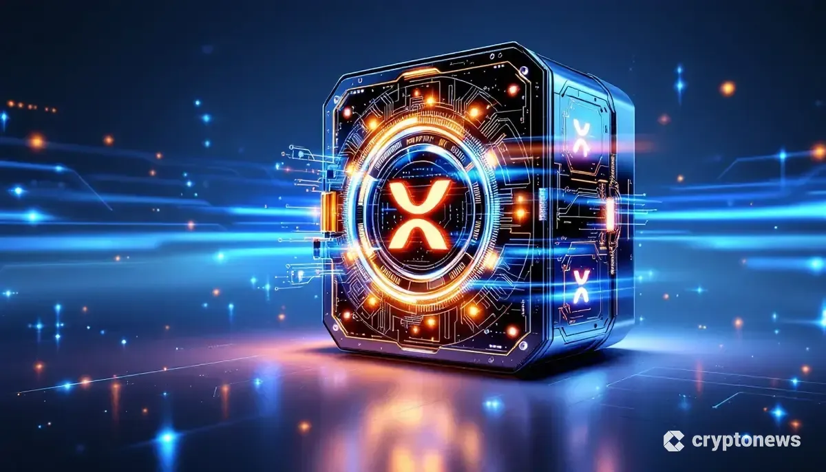 リップルのロゴが輝くデジタル金庫とブロックチェーンのデータストリームが描かれた未来的な画像