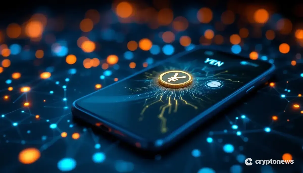 スマートフォンに表示されたクレジットカードと、背景に浮かぶ日本円のシンボルとブロックチェーンのイメージ。