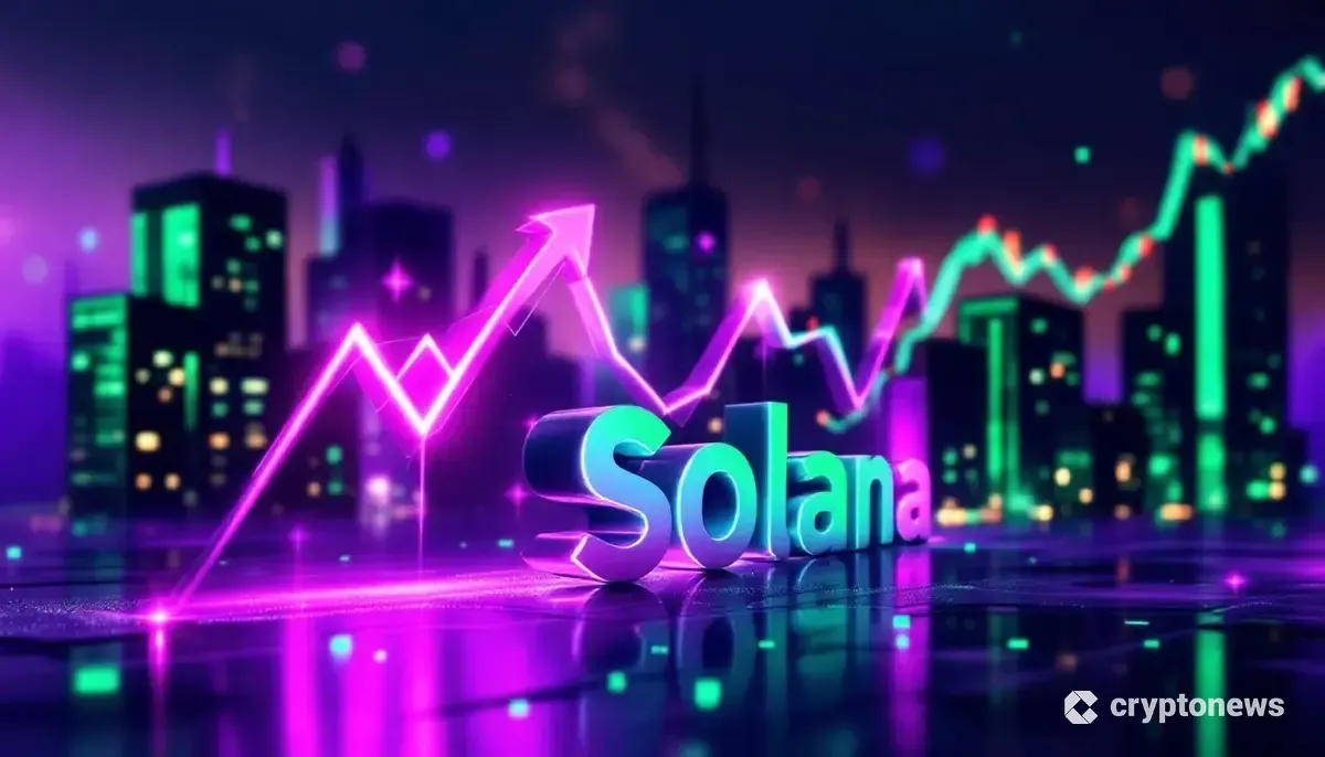 ソラナのロゴが輝き、背景に上昇傾向のチャートが表示されている未来的な画像