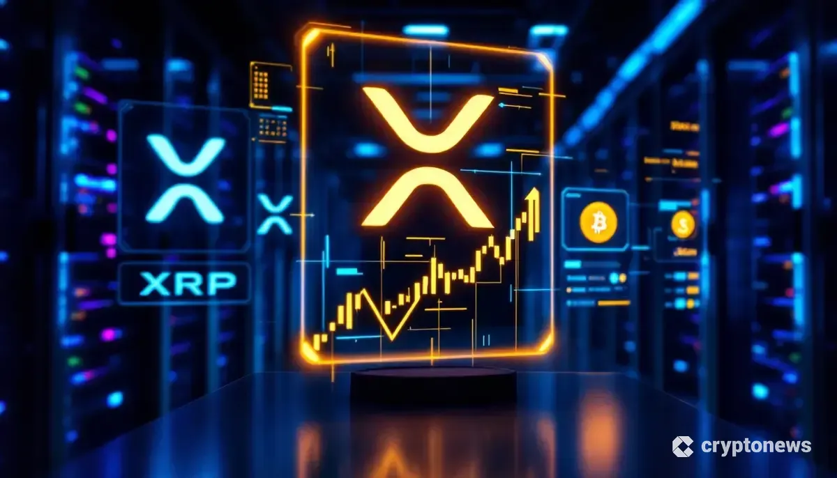 AIがXRP、ぺぺ、ソラナの価格上昇を予測する未来的なインターフェースの画像。